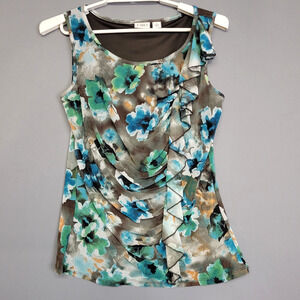 Cato Tank Top Blouse Womens Medium Blue Brown Lined Floral Ruffle Sleeveless